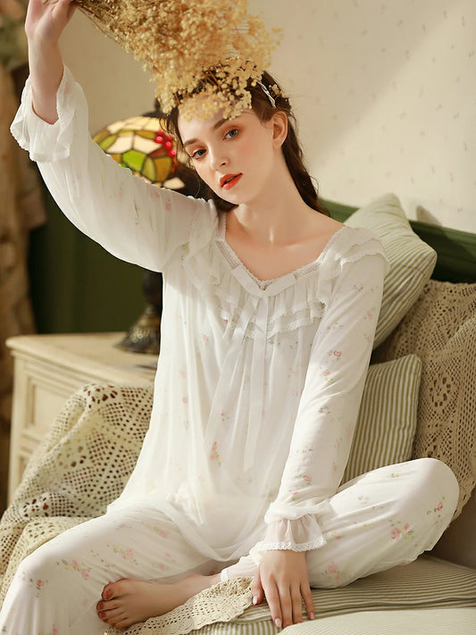 Slessic Vintage French Elegance Court Style Romantic Lace Floral Print Ruffled See-through Mesh Cute Bow Long-Sleeved Pajama Set