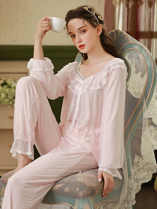 Slessic Vintage French Elegance Court Style Romantic Lace Floral Print Ruffled See-through Mesh Cute Bow Long-Sleeved Pajama Set