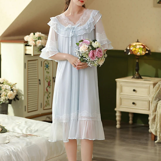 Slessic Elegant Vintage Palace Style Romantic Transparent Mesh Exquisite Hollow Embroidered Lace Cute Bow Ribbon Double-Layer Nightdress Nightwear Sleepwear