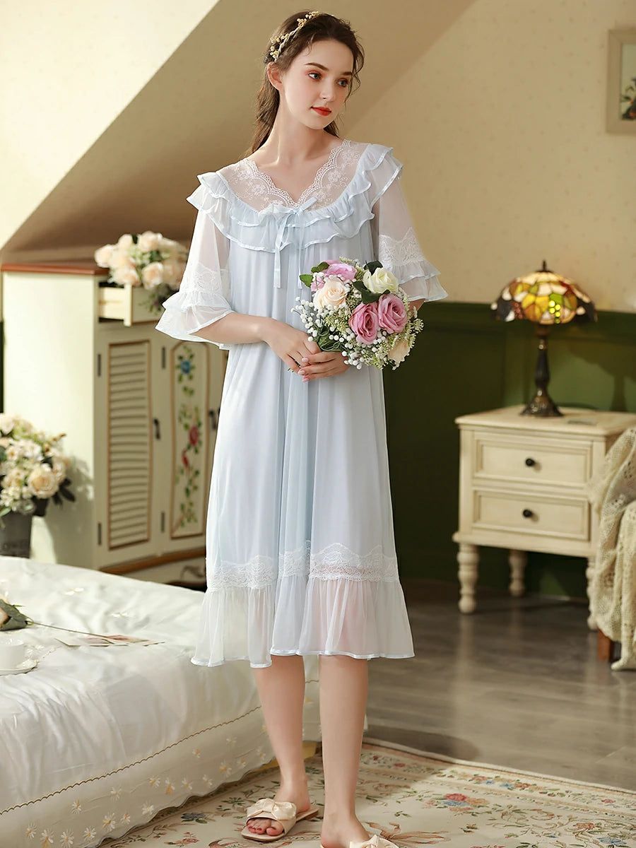 Slessic Elegant Vintage Palace Style Romantic Transparent Mesh Exquisite Hollow Embroidered Lace Cute Bow Ribbon Double-Layer Nightdress Nightwear Sleepwear