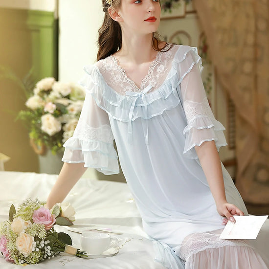 Slessic Elegant Vintage Palace Style Romantic Transparent Mesh Exquisite Hollow Embroidered Lace Cute Bow Ribbon Double-Layer Nightdress Nightwear Sleepwear