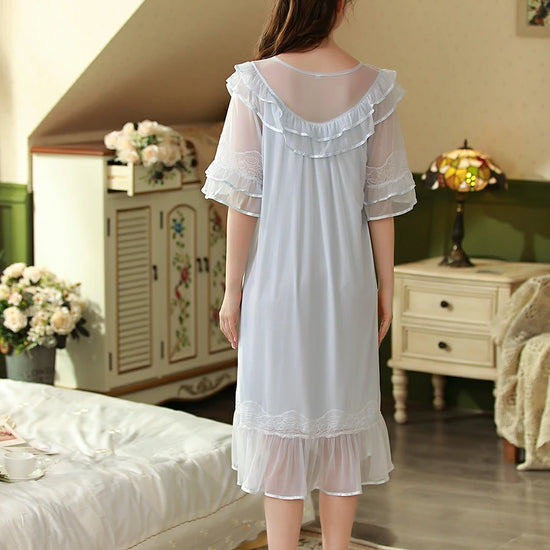 Slessic Elegant Vintage Palace Style Romantic Transparent Mesh Exquisite Hollow Embroidered Lace Cute Bow Ribbon Double-Layer Nightdress Nightwear Sleepwear