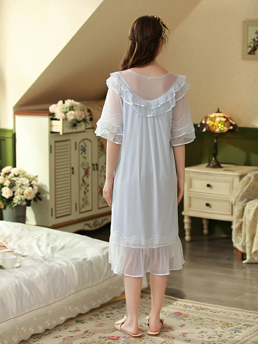 Slessic Elegant Vintage Palace Style Romantic Transparent Mesh Exquisite Hollow Embroidered Lace Cute Bow Ribbon Double-Layer Nightdress Nightwear Sleepwear