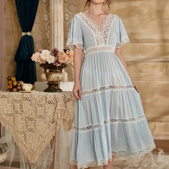 Light Blue Vintage V-neck Lace Cutouts Embroidered Splicing Noble Nightwear Nightdress