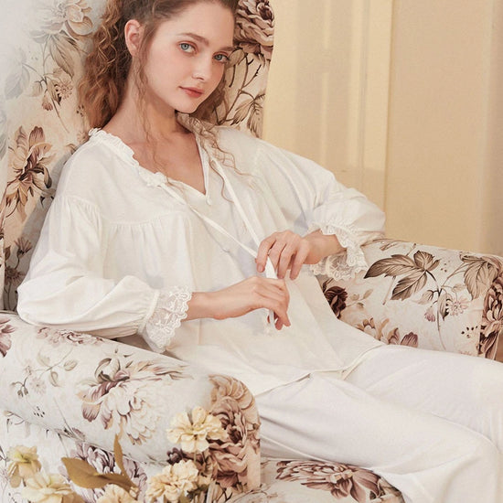 White Vintage Style Romantic Cutout Lace Cotton Elegant Loungewear Nightwear pajama set