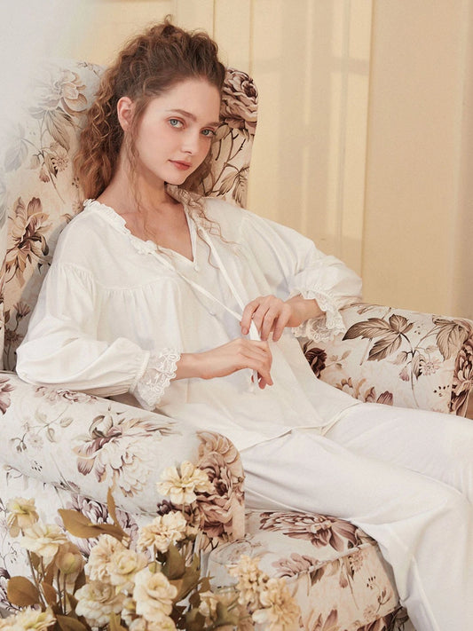 White Vintage Style Romantic Cutout Lace Cotton Elegant Loungewear Nightwear pajama set