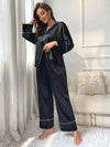 Black Classic Elegant Smooth Satin Long Sleeve Simple Upscale Loungewear Nightwear Pajama Set