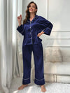 Dark Blue Classic Elegant Smooth Satin Long Sleeve Simple Upscale Loungewear Nightwear Pajama Set