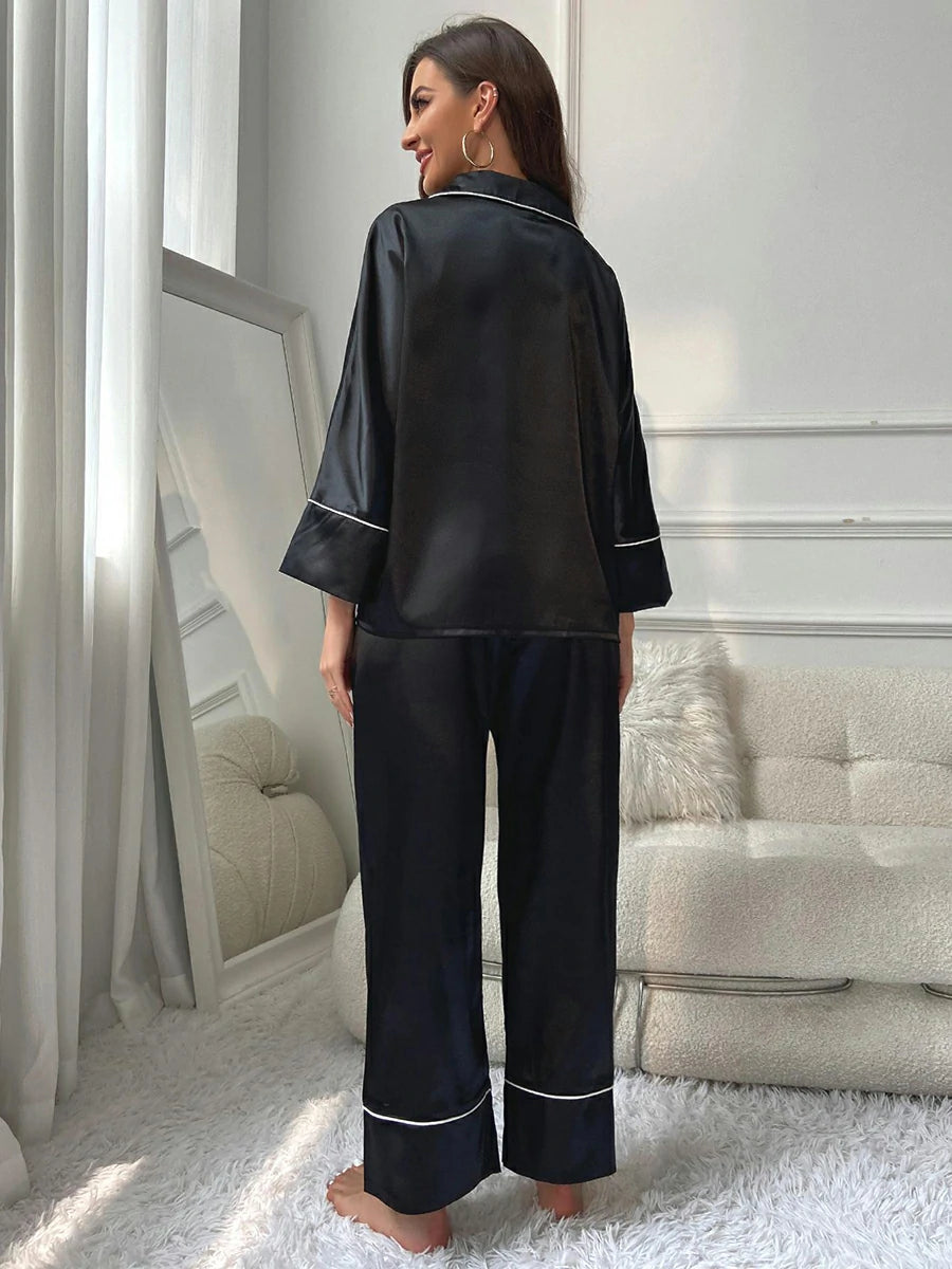 Black Classic Elegant Smooth Satin Long Sleeve Simple Upscale Loungewear Nightwear Pajama Set