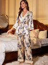 Elegant floral print satin sleepwear set with robe styling