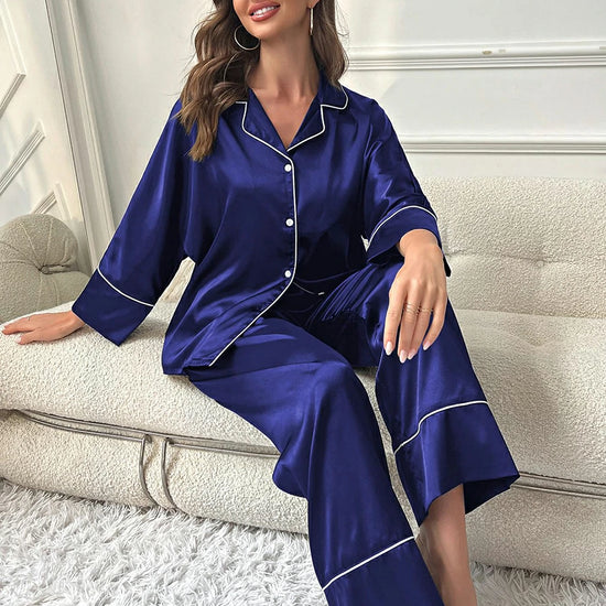 Dark Blue Classic Elegant Smooth Satin Long Sleeve Simple Upscale Loungewear Nightwear Pajama Set