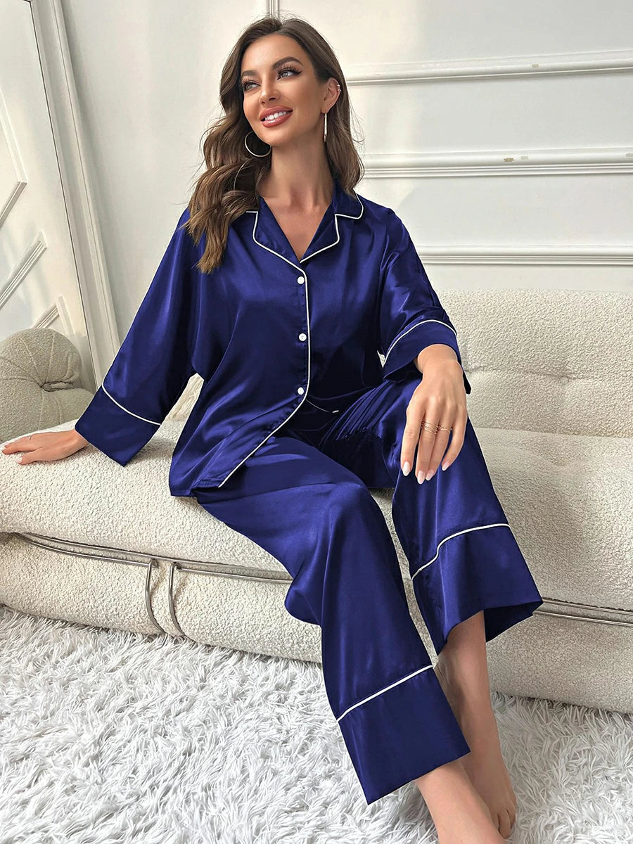 Dark Blue Classic Elegant Smooth Satin Long Sleeve Simple Upscale Loungewear Nightwear Pajama Set