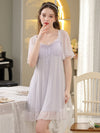 Light purple lace nightdress with sheer sleeves and ruffled hem