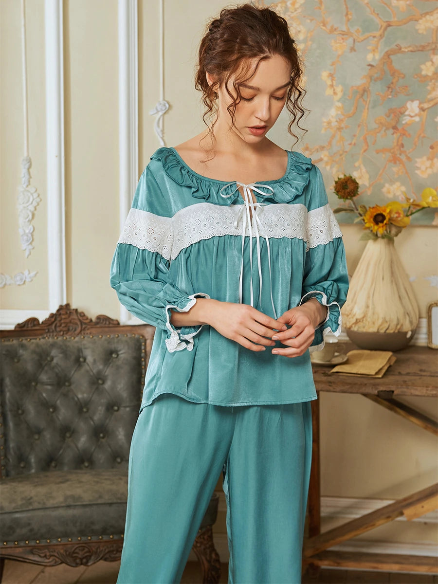 Slessic Vintage V-Neck Lace Embroidered Sexy Flower Button Camisole Robe  Romantic Loungewear Pajama Set