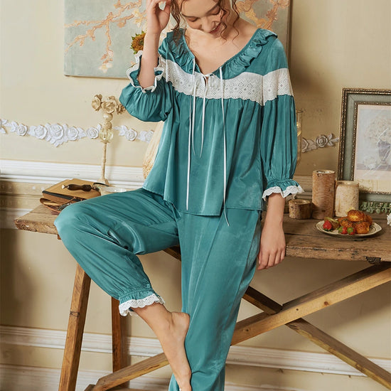 Cadet Blue Palace Vintage Splicing Lace Crinkle Edge Elegant Loungewear Nightwear Pajama set
