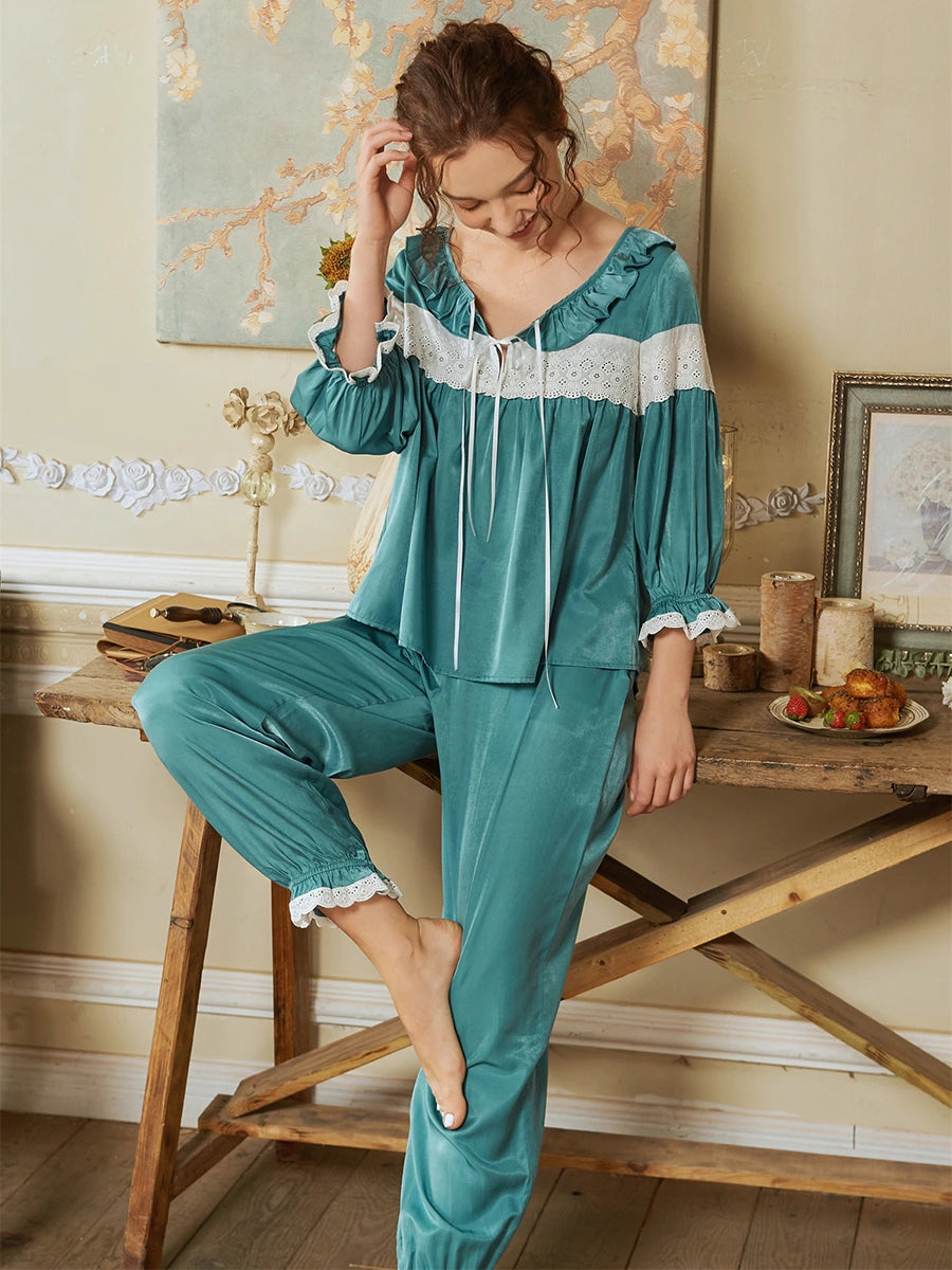 Cadet Blue Palace Vintage Splicing Lace Crinkle Edge Elegant Loungewear Nightwear Pajama set