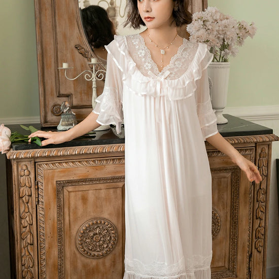 Slessic Elegant Vintage Palace Style Romantic Transparent Mesh Exquisite Hollow Embroidered Lace Cute Bow Ribbon Double-Layer Nightdress Nightwear Sleepwear