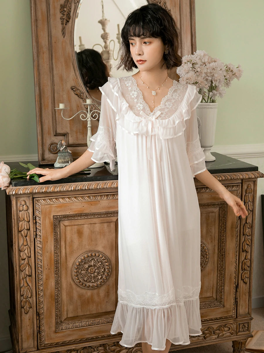 Slessic Elegant Vintage Palace Style Romantic Transparent Mesh Exquisite Hollow Embroidered Lace Cute Bow Ribbon Double-Layer Nightdress Nightwear Sleepwear