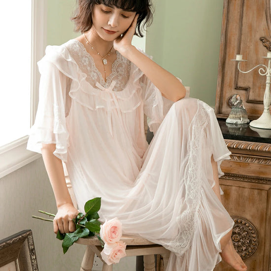 Slessic Elegant Vintage Palace Style Romantic Transparent Mesh Exquisite Hollow Embroidered Lace Cute Bow Ribbon Double-Layer Nightdress Nightwear Sleepwear