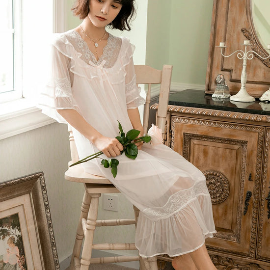 Slessic Elegant Vintage Palace Style Romantic Transparent Mesh Exquisite Hollow Embroidered Lace Cute Bow Ribbon Double-Layer Nightdress Nightwear Sleepwear