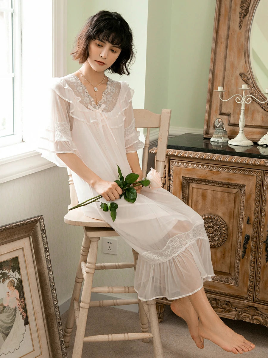 Slessic Elegant Vintage Palace Style Romantic Transparent Mesh Exquisite Hollow Embroidered Lace Cute Bow Ribbon Double-Layer Nightdress Nightwear Sleepwear