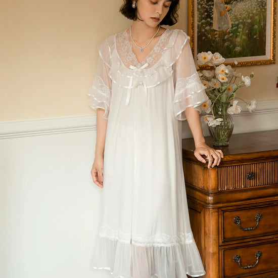 Slessic Elegant Vintage Palace Style Romantic Transparent Mesh Exquisite Hollow Embroidered Lace Cute Bow Ribbon Double-Layer Nightdress Nightwear Sleepwear