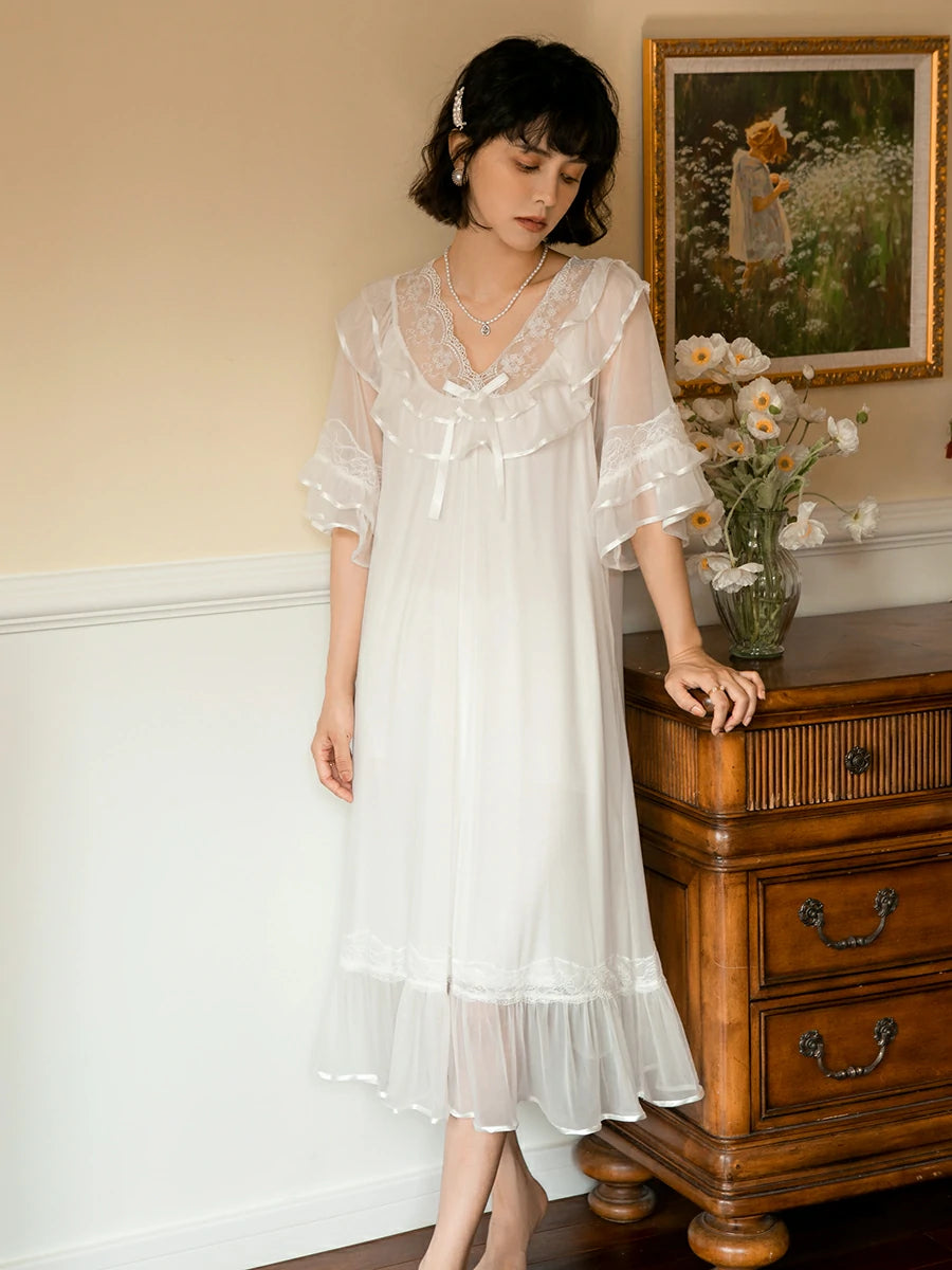 Slessic Elegant Vintage Palace Style Romantic Transparent Mesh Exquisite Hollow Embroidered Lace Cute Bow Ribbon Double-Layer Nightdress Nightwear Sleepwear