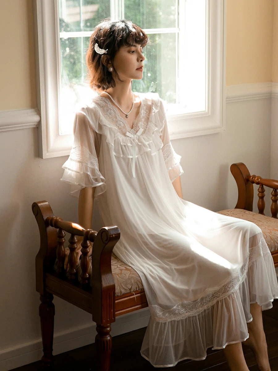 SlesSic Lace Mesh Nightgown – Romantic Sheer Ruffle Sleep Dress White / XL