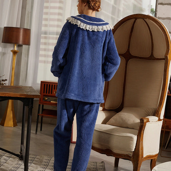 Dark Blue Vintage Thickened Lace Large Lapel Button Polar Fleece Loungewear Nightwear Pajama set