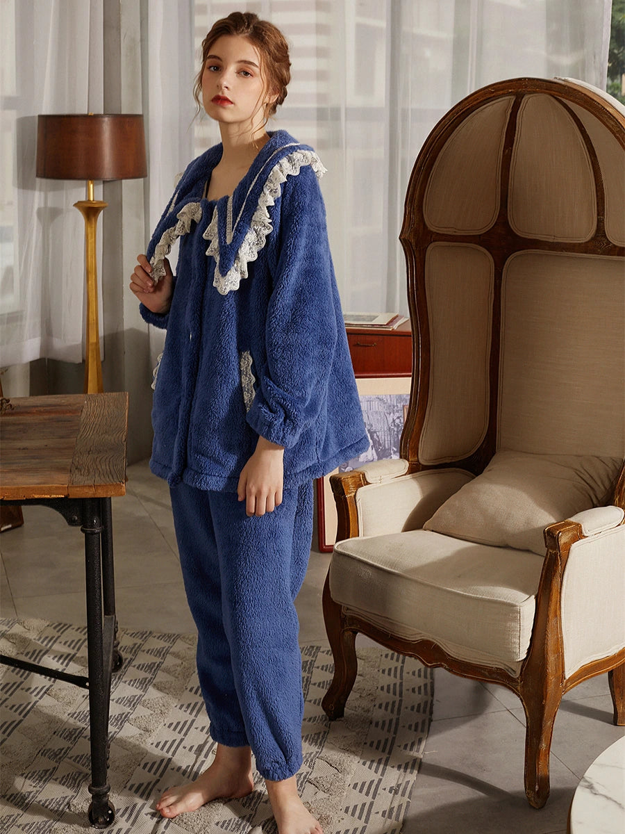 Dark Blue Vintage Thickened Lace Large Lapel Button Polar Fleece Loungewear Nightwear Pajama set