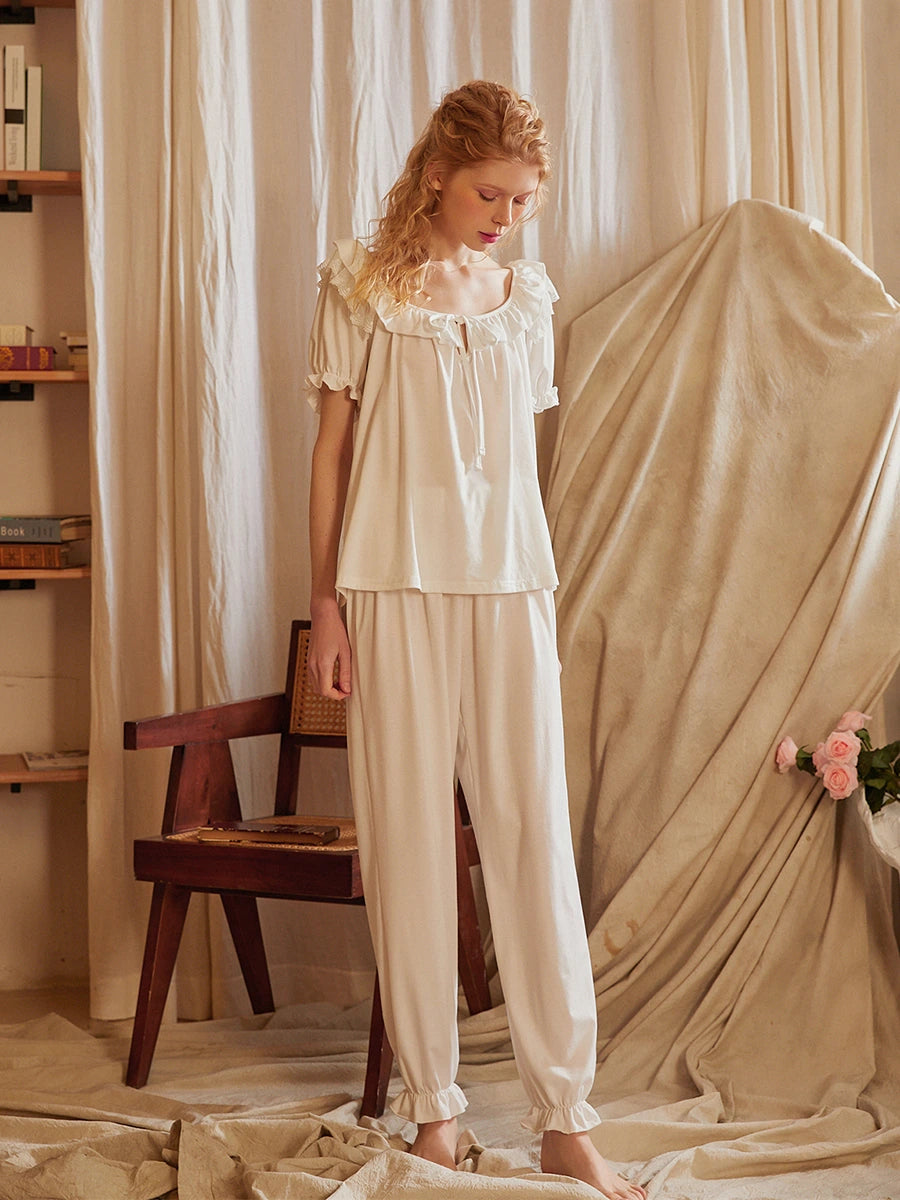 White Palace Vintage Lace Embroidered Crinkle Wavy Edge Elegant Loungewear Pajama Set