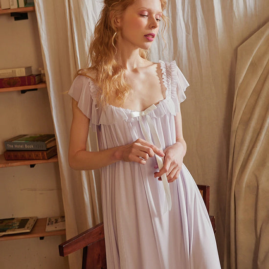 Slessic Vintage Romantic Palace Style Exquisite Mesh Ruffled Edge Cute Ribbon Bow Slip Nightdress Sleepwear Nightwear