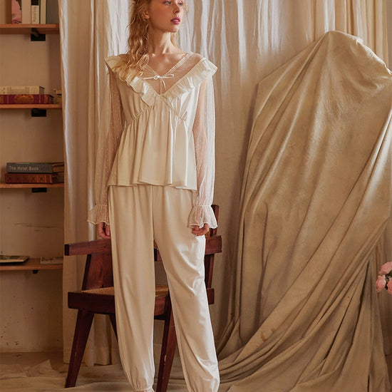 White Vintage Romantic See-Through Deep V-Neck Polka-Dot Lace Ruffled Edges Loungewear Nightwear Pajama set