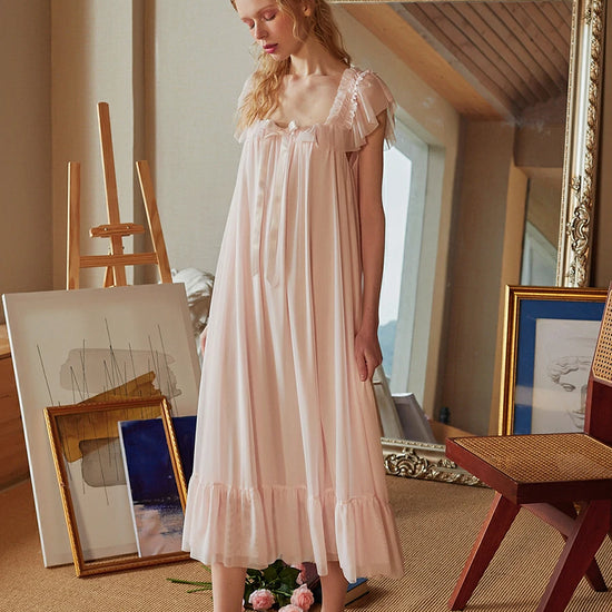 Slessic Vintage Romantic Palace Style Exquisite Mesh Ruffled Edge Cute Ribbon Bow Slip Nightdress Sleepwear Nightwear