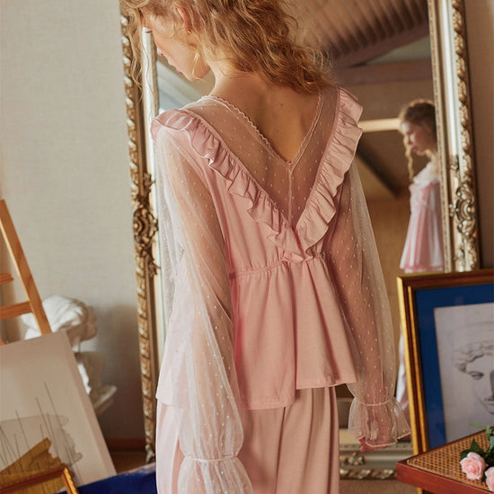 Pink Vintage Romantic See-Through Deep V-Neck Polka-Dot Lace Ruffled Edges Loungewear Nightwear Pajama set