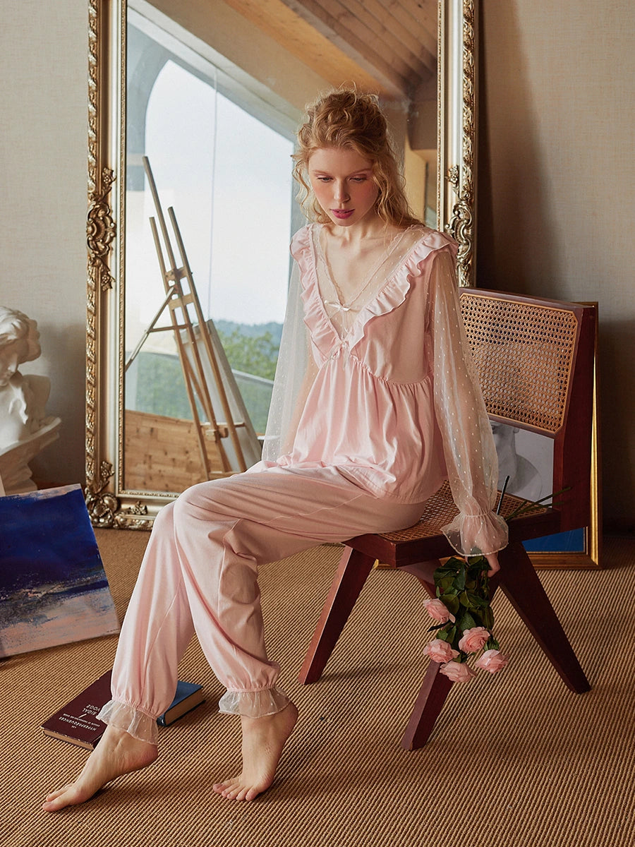 Pink Vintage Romantic See-Through Deep V-Neck Polka-Dot Lace Ruffled Edges Loungewear Nightwear Pajama set