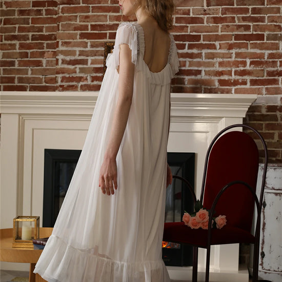 Slessic Vintage Romantic Palace Style Exquisite Mesh Ruffled Edge Cute Ribbon Bow Slip Nightdress Sleepwear Nightwear