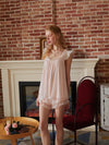 Lightweight blush pink sleepwear set with vintage inspired soft girl aesthetic