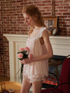 Elegant viscose pajama shorts set with romantic ruffle neckline details