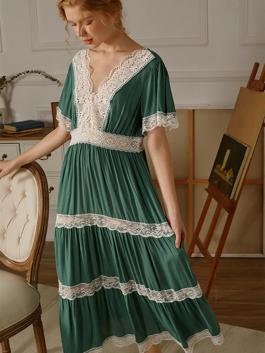 Sea Green Vintage V-neck Lace Cutouts Embroidered Splicing Noble Nightwear Nightdress