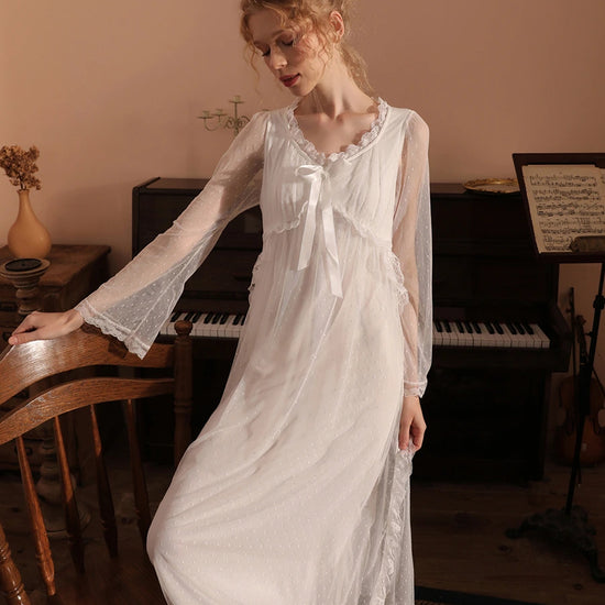 White Vintage Romantic See-Through Long-Sleeved Big Bow Polka-Dot Lace Mesh Nightwear Nightdress