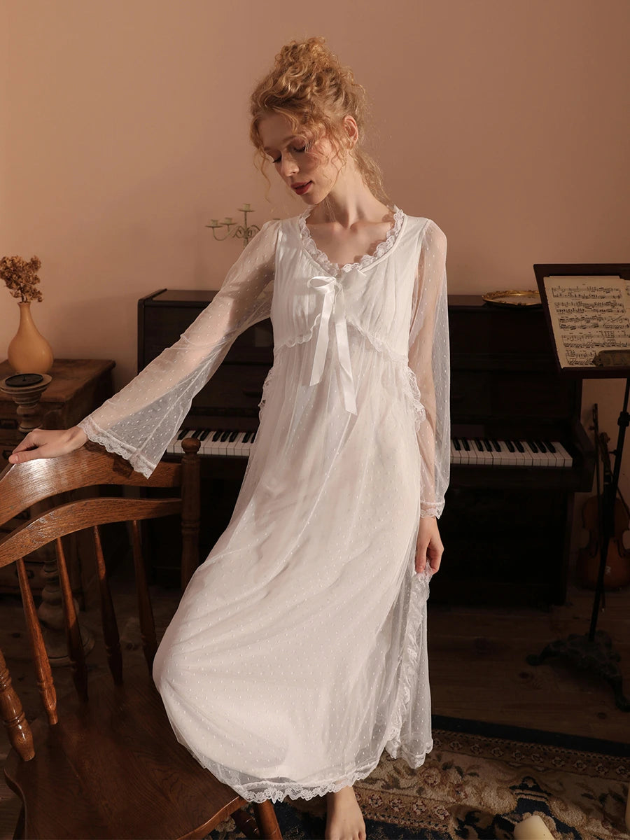 White Vintage Romantic See-Through Long-Sleeved Big Bow Polka-Dot Lace Mesh Nightwear Nightdress
