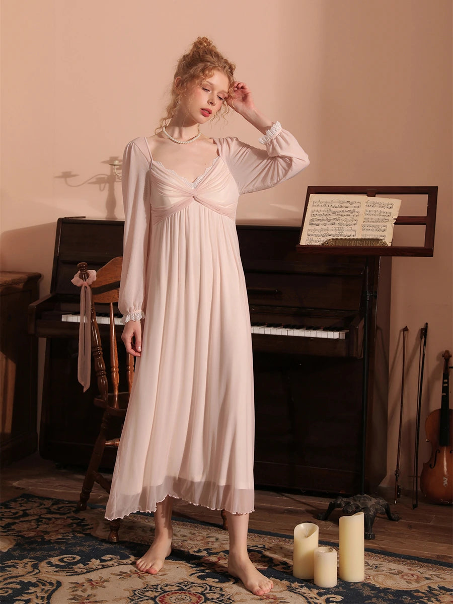 Pink Vintage Romantic Double Layer See-Through Mesh Long-sleeve Lace V-Neck Nightwear Nightdress