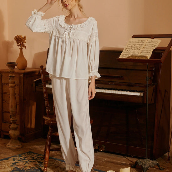 White Vintage Embroidered Lace Romantic Weaving Three-quarter Sleeve Loungewear Nightwear Pajama set