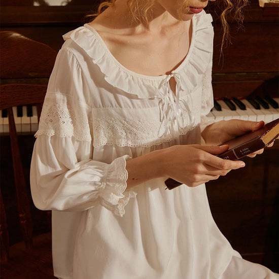White Vintage Embroidered Lace Romantic Weaving Three-quarter Sleeve Loungewear Nightwear Pajama set