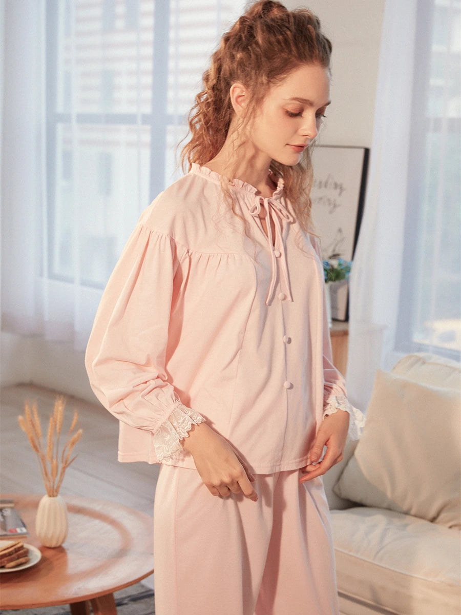 Pink Vintage Style Romantic Cutout Lace Cotton Elegant Loungewear Nightwear pajama set