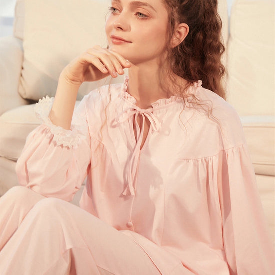 Pink Vintage Style Romantic Cutout Lace Cotton Elegant Loungewear Nightwear pajama set