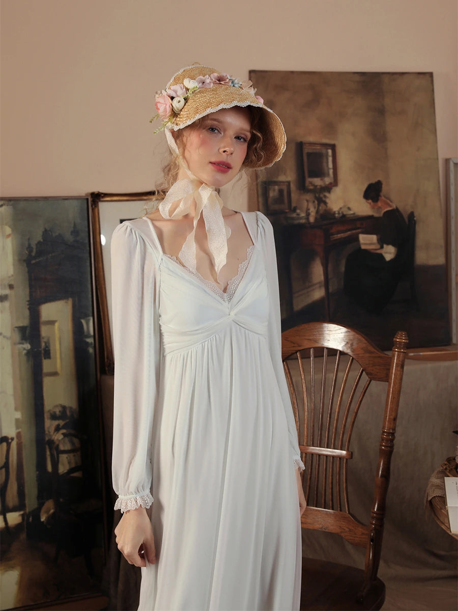 Light Blue Vintage Romantic Double Layer See-Through Mesh Long-sleeve Lace V-Neck Nightwear Nightdress