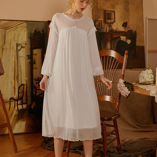 Slessic Palace Style Vintage Romantic Lantern Sleeves Loose Modal Mesh Lace Double Layer See-Through Nightwear Nightdress