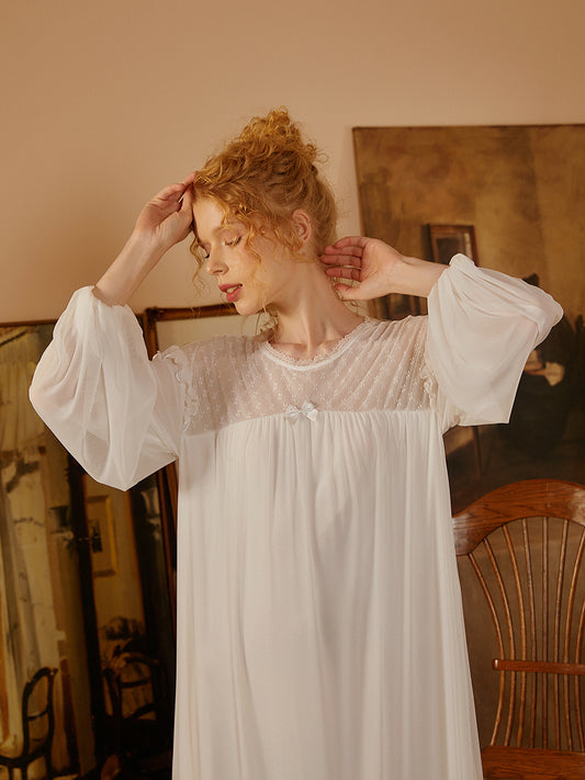 Slessic Palace Style Vintage Romantic Lantern Sleeves Loose Modal Mesh Lace Double Layer See-Through Nightwear Nightdress